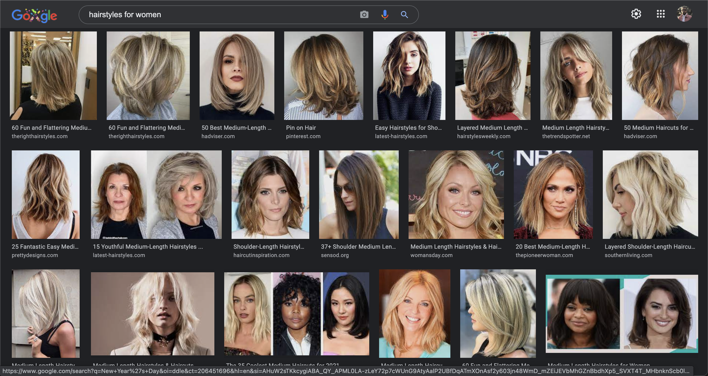 An image of a google search. The search is based around hairstyles for women. Most of the results shown are of white women and white hairstyles